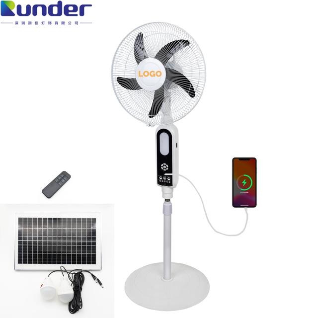 Solar Rechargeable Standing Fan 16 Inch with Lithium Battery with LED Light with Remote Control 9 Speeds AC/DC