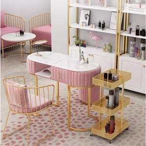 ネイルデスク ネイルサロン用テーブル 大理石調天板 金属脚 ピンク ネイルケア サロン家具 - Product Image 1