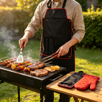 Ensemble de 5 ustensiles de barbecue d'extérieur en acier inoxydable avec manche en bois : spatule, pinces, tablier, sac et gants résistants à la chaleur