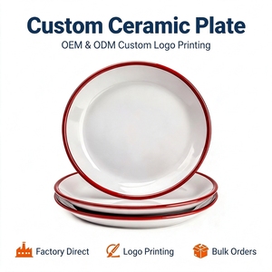 Assiette à dîner en céramique à bord rouge personnalisé plat 10 pouces plaque en céramique d'impression bon marché pour hôtel <span class=keywords><strong>restaurant</strong></span> - Product Image 1
