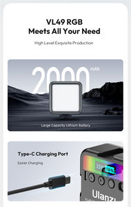 มินิ <span class=keywords><strong>ulanzi</strong></span> <span class=keywords><strong>VL</strong></span>-49 RGB Pro สีเต็มรูปแบบนำวิดีโอแสงกล้อง2500K to9000K แสงสำหรับการถ่ายภาพด้วย diffuser รังผึ้ง - Product Image 5