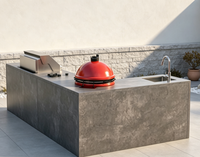 Cuisine extérieure avec évier et cuisinière, station de nettoyage avec bac à lavage profond, plaque de cuisson couverte et robinet escamotable