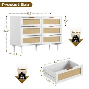 Cómoda SENYU blanca de 6 cajones con paneles de ratán, estilo moderno de mediados de siglo, para dormitorio - Product Image 2