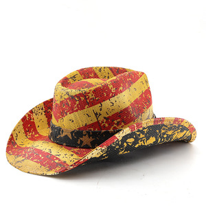 Classiques Amérique Drapeau Peinture Chapeaux De Paille pour Femmes et Hommes D'été Casual Scrawl Style Large Bord Cowboy Chapeaux De Paille Bandes De Cuir - Product Image 3