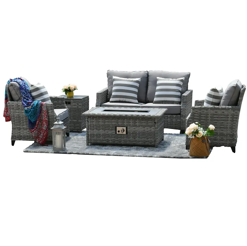 Ensemble de meubles de patio 5 pièces avec table de foyer de grande taille en osier ensemble de canapés de conversation en rotin de luxe pour l'extérieur
