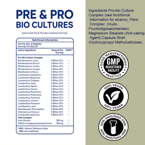 Capsules OEMPre & Pro-Bio Cultures 100 milliards d'UFC 20 souches vivantes Complexe prébiotique FOS Inuline Supplément pour la santé intestinale 120 unités - Product Image 3