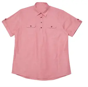 女性用ボタンダウンピンクシャツチェック柄長袖カラービジネスブラウス