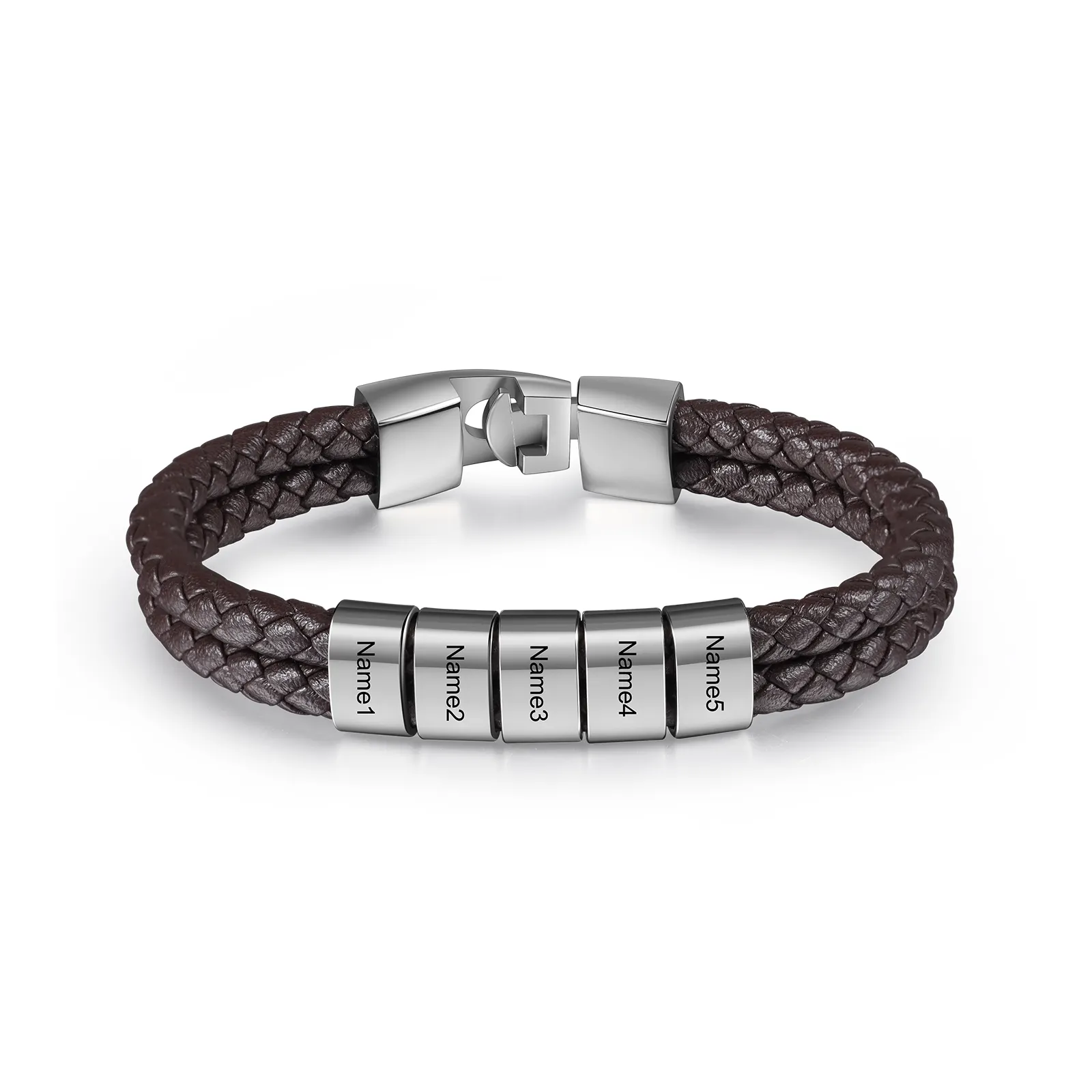 Classical Jewelry Custom Stainless Steel Bracelet Engraved Names Beads Men Leather Bracelet