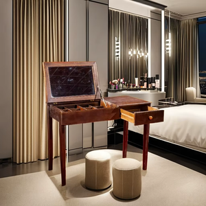 Solid Oak Wooden <b>Vanity</b> Table <b>with</b> <b>Mirror</b> and Storage Drawers Walnut Finish-for Bedroom or Hotel Use - Product Image 1