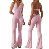 Combinaison de Pilates pour femme avec logo personnalisé, design en dentelle, dos ouvert, rembourrée, pour le yoga et le fitness, avec pantalon évasé