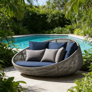 Lit de repos rond de luxe moderne pour <span class=keywords><strong>jardin</strong></span>, transat <span class=keywords><strong>en</strong></span> <span class=keywords><strong>rotin</strong></span> <span class=keywords><strong>tressé</strong></span> pour piscine, mobilier d'extérieur imperméable, grand canapé-lit de patio - Product Image 5