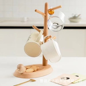 Wooden Cup Holder Beech Wood 4 Layers With Tray Hanging Storage Rack For Kitchen <b>Teacup</b> Drainer Oval Shape Natural Color - Product Image 3