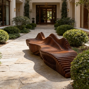 Banc en bois sculptural de luxe Y733, construction à lattes ondulées, pour salon VIP, restaurant, musée d'art, ambiance intérieure et extérieure - Product Image 5