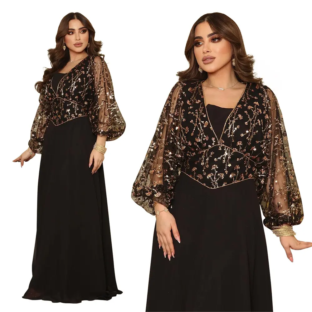Glitter Zipper Light Luxury Black Dress Medio Oriente Abaya Robe Vestido de mujer musulmana