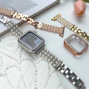 Correa de Reloj de Acero Inoxidable con Perlas y Diamantes para <span class=keywords><strong>Mujer</strong></span>, Compatible con <span class=keywords><strong>Apple</strong></span> <span class=keywords><strong>Watch</strong></span> 40mm 41mm <span class=keywords><strong>44mm</strong></span> 42mm 38mm - Product Image 2