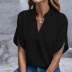 Ropa de verano Color sólido Top de manga corta Camisa de mujer Blusas de carrera casuales Ropa de oficina elegante para mujer - Product Image 2