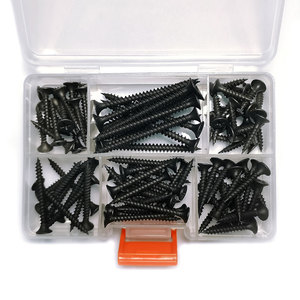 Kit d'assortiment de vis à bois à tête trompette, finition oxyde noir, à filetage grossier et fin, en boîte plastique, idéal pour les plaques de plâtre - Product Image 1