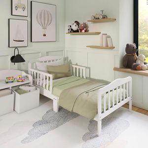 Lit pour tout-petit à plancher bas certifié JPMA au design classique avec barrières de sécurité sur deux côtés, meubles de chambre d'enfant en bois non toxique - Product Image 1