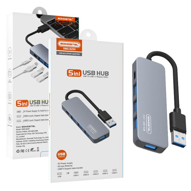 Somostel SMS-BZ09 5 in 1 USB HUB to USB-C PD 60W High Speed 5 Port PD Charging Usb 3.0 Multiport Adapter for macbook