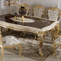 Ensemble de salle à manger de luxe au design turc élégant, table en bois sculpté doré royal avec vitrine et miroir buffet pour salon