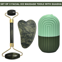Ensemble de massage facial en jade 3 pièces, double rouleau Gua Sha, rouleau de glace, étui, jade naturel, grattoir en forme de cœur, outils portables réutilisables