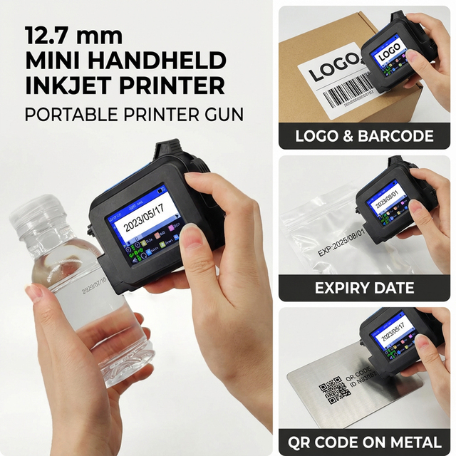 Portable Mini Handheld Inkjet Printer Gun 12.7mm Small Inkjet Printer for logo Barcode Expiry Date Qr Code on Plastic Metal