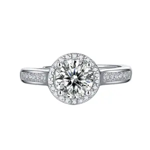 Rinntin SMR10 1 ct含沙石戒指女性圆形切割钻石可调订婚戒指925纯银结婚戒指