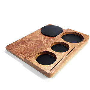 Plateau à café en bois massif à trois trous avec sous-verres pour servir le thé et les boissons - Product Image 2