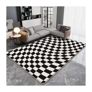 现代简约国际象棋广场黑白区域地毯波西米亚艺术抽象线条防滑门垫苗圃地毯可洗