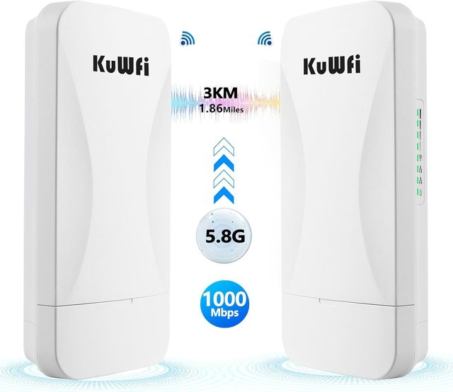 KuWFi Gigabit Wireless Bridge 5.8G 900Mbps 1Gbps LAN Ports Long Range 3KM/1.86Miles Outdoor IP65 48V PoE CPE Network Extend