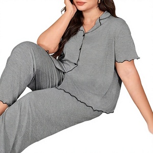 Women Customizable Breathable High Quality Pajama Set Short Sleeve V Neck Sleepwear Two Piece Lounge Set Knitted Jersey Homewear - Product Image 4