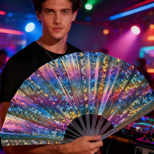 Éventail pliant de 13 pouces à surface réfléchissante holographique, aux couleurs vives et brillantes, pour fêtes, mariages et festivals de musique - Product Image 1