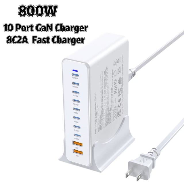 800W GaN 10-Port Desktop Fast Charging Station Source Manufacturer 8USB-C 2USB-A Power Adapter For Laptop Mobile Phone