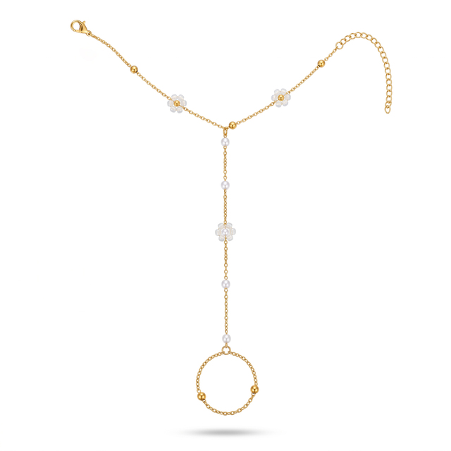 QIAOREN 10761 Boho Style Stainless Steel Flower Pearl Hand Harness Bracelet Gold Plated Finger Chain for Women