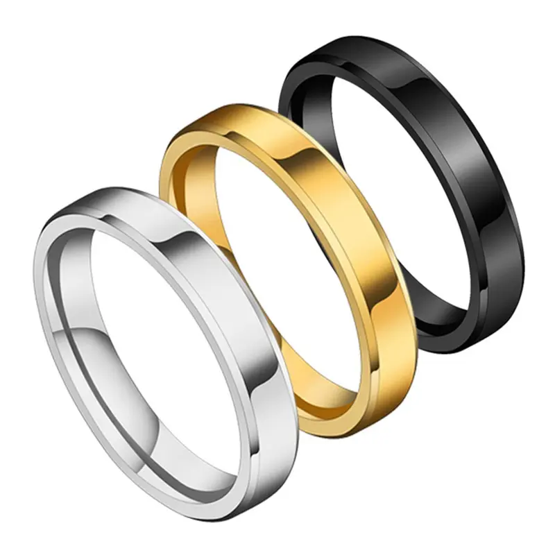 ร้อนขายคลาสสิกสามสีแหวนที่เรียบง่ายแคบ4มิลลิเมตร Beveled เรียบไทเทเนียมแหวนเหล็ก