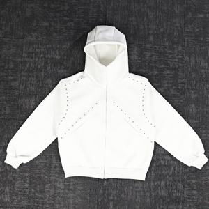 Sweat-shirt à capuche pour homme en molleton français avec fermeture éclair, rivets et strass, style streetwear, service OEM - Product Image 4