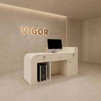 Bureau d'accueil moderne blanc crème avec éclairage LED, comptoir de réception minimaliste pour bureau, salon, clinique de beauté