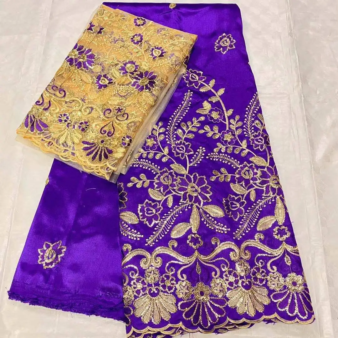 Purple India soft Silk George Wrappers With French Net Lace Fabrics For blouse 7yards/piece