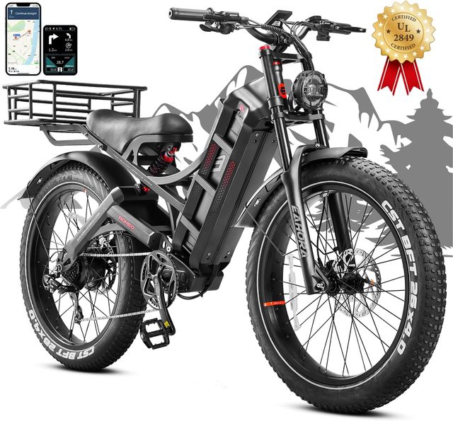 US WH Electric Bike 250W Peak Dual Motor Ebike 16MPH 48V 60Ah 26" Fat Tire 7 Speed Hydraulic Brake up to 80Mi Electric Bicycle