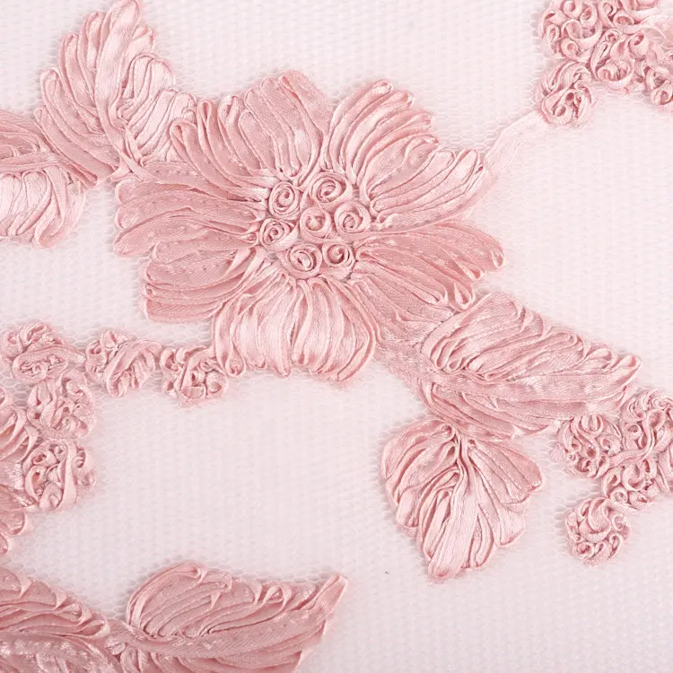 Полиэстер 3d розовый цветочный шнур лента с цветочной вышивкой сетки кружевной ткани с кружевом и вышивкой для вечернее платье ST-1015