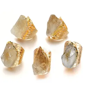 Женские Асимметричные широкие Открытые Кольца из цитрина, ювелирные изделия из натурального камня с регулируемым размером пальца