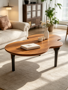 Mesa de Centro de Madera Maciza con Forma de Nube, Patas Cónicas Negras, Estilo Japonés Minimalista, Mesa de Té para Sala de Estar - Product Image 5