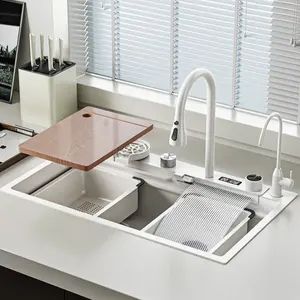 Beyaz akıllı mutfak lavabo popüler şelale lavabo, 304 paslanmaz çelik büyük tek yuvası, nano dikişsiz el yapımı lavabo