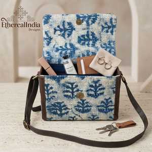 Handmade Rug Fabric Box Sling <b>Bag</b> Block Print <b>Boho</b> Shoulder Purse Rexine Vegan Leather Small <b>Bag</b> - Product Image 2