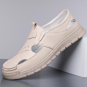 Sandales d'été en cuir véritable pour hommes, à bout ouvert, avec empeigne en maille, décontractées, à semelle souple, respirantes, avec soutien de la voûte plantaire, légères et faciles à enfiler - Product Image 5