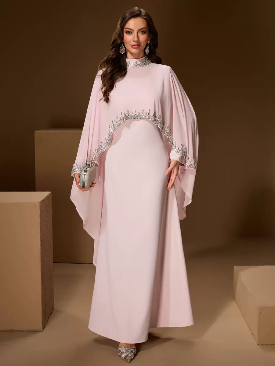 Chiffon Abaya with Cape Sleeves and Rhinestone Trim Elegant Muslim Evening  Gown for Women Dubai Style Party Dress with High Neck| Alibaba.com