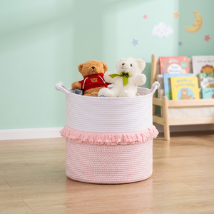 Cute Pink Rope <b>Storage</b> <b>Basket</b> With Handles For Children's <b>Toy</b> <b>Storage</b> Circle Shape Foldable Design - Product Image 4