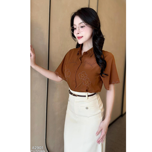 Chemise à manches courtes en modal pour femme, col cranté, style décontracté de bureau, haut uni, style formel, manches raglan, coupe classique - Product Image 2