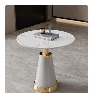 Modern Sintered Stone Round Accent <b>Table</b> Gold Trim Pedestal <b>Table</b> for Hotel & Home - Product Image 3