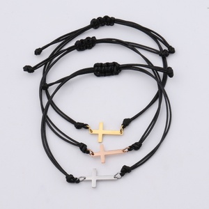Fashion <b>Adjustable</b> Black Leather Braided Cross <b>Bracelet</b> Stainless Steel <b>Bracelet</b> <b>Gold</b> PVD Plated Cross Charms Pendent <b>Bracelets</b> - Product Image 1